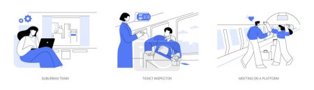 Illustration for Urban rail transport abstract concept vector illustration set. Working on the way in suburban train, ticket inspector check, meeting on a platform, city transportation services abstract metaphor. - Royalty Free Image