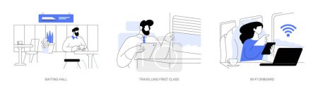 Illustration for Railway station abstract concept vector illustration set. Passenger drinking coffee in waiting hall, businessman travelling first class train, onboard Wi-Fi in public transport abstract metaphor. - Royalty Free Image