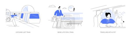 Illustration for Public transport passenger abstract concept vector illustration set. Catching last night train, being late for public transport, standing on the platform, travelling with a pet abstract metaphor. - Royalty Free Image