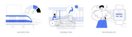 Illustration for High-speed rail abstract concept vector illustration set. High speed train station, urban transport accessible for disabled passengers, train delays, city transportation abstract metaphor. - Royalty Free Image