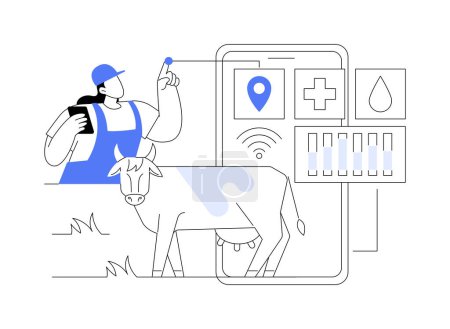 Illustration for Monitoring health of livestock isolated cartoon vector illustrations. Farmer with smartphone monitors cows health, managing farms using technologies like IoT, drones and AI vector cartoon. - Royalty Free Image