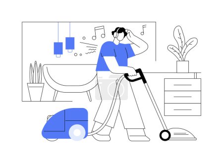 Illustration for Vacuum cleaning isolated cartoon vector illustrations. Young man listening to music and vacuum cleaning in the living room, home routine, daily chores, housekeeping equipment vector cartoon. - Royalty Free Image