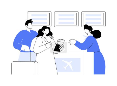 Téléchargez les illustrations : Checking in isolated cartoon vector illustrations. Smiling couple is checking in at the airport, waiting for flight, getting ready for vacation, travelling preparation vector cartoon. - en licence libre de droit