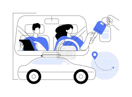 Téléchargez les illustrations : Renting a car isolated cartoon vector illustrations. Young couple giving a car for rent during travelling time, people lifestyle, get ready for vacation, new vehicle vector cartoon. - en licence libre de droit