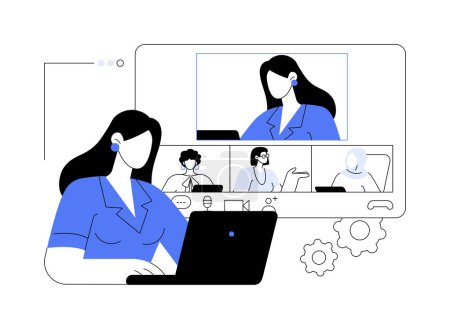 Illustration for Conference administration abstract concept vector illustration. Women communicate using video conference software, add participant to chat, business technology, company teamwork abstract metaphor. - Royalty Free Image