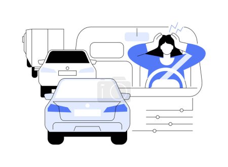 Illustration for Traffic jam abstract concept vector illustration. Upset woman disappointed because of traffic jam, personal transport, car stuck, ground transportation, feeling tired abstract metaphor. - Royalty Free Image