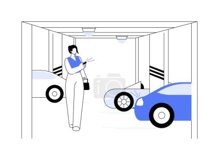 Illustration for Underground parking garage abstract concept vector illustration. Young woman locks her car in underground parking garage, personal transport owner, basement building abstract metaphor. - Royalty Free Image