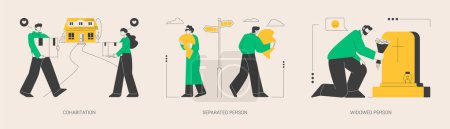 Illustration for Living together abstract concept vector illustration set. Cohabitation, separated person, widowed person, common law relationship, divided couple, loss of partner, support group abstract metaphor. - Royalty Free Image