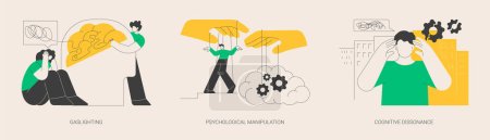 Illustration for Mental abuse abstract concept vector illustration set. Gaslighting, psychological manipulation, cognitive dissonance, emotional blackmailing, social engineering, missing out abstract metaphor. - Royalty Free Image