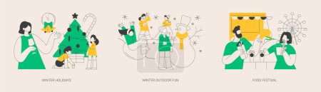 Illustration for Family time outdoors abstract concept vector illustration set. Winter holidays, outdoor fun, food festival, Christmas eve, new year celebration, building a snowman, snowball fight abstract metaphor. - Royalty Free Image