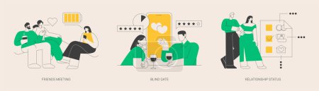 Illustration for Social interactions abstract concept vector illustration set. Friends meeting, blind date, relationship status, leisure time, speed dating, first impression, soul mate, together abstract metaphor. - Royalty Free Image