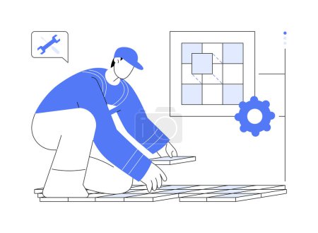 Illustration for Laying tiles abstract concept vector illustration. Builder in uniform laying tile floor, residential construction, professional repairman at job, porcelain and ceramic surface abstract metaphor. - Royalty Free Image