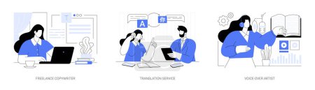 Illustration for On-demand services isolated cartoon vector illustrations set. Freelance copywriter work with laptop, professional translation online, voice over artist service, recording audio vector cartoon. - Royalty Free Image