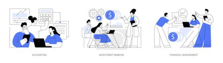 Illustration for Master of Science in finance isolated cartoon vector illustrations set. Group of diverse people making business plan together, budget planning, study investment banking, management vector cartoon. - Royalty Free Image