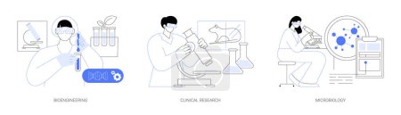 Téléchargez les illustrations : Medical research isolated cartoon vector illustrations set. Bio engineering experiment in scientific laboratory, collect clinical data, worker with microscope, microbiology studies vector cartoon. - en licence libre de droit