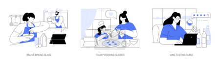 Illustration for Online gastronomy classes isolated cartoon vector illustrations set. Cooking and nutrition, baking bread at home, kids and parents watch nutrition masterclass, wine tasting course vector cartoon. - Royalty Free Image