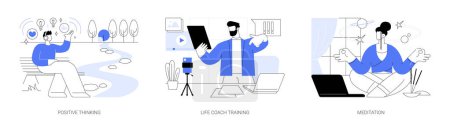 Illustration for Self-improvement coaching isolated cartoon vector illustrations set. Practice positive thinking, happy relaxed person, life coach training, motivational video, online meditation vector cartoon. - Royalty Free Image