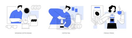 Illustration for Morning coffee isolated cartoon vector illustrations set. Grinding coffee beans, espresso lover, home kitchen appliances, brewing with aero press, making hot drink with French press vector cartoon. - Royalty Free Image