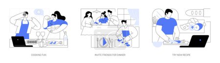 Illustration for Dinner at home isolated cartoon vector illustrations set. Happy couple having fun cooking together, invite friends for dinner, diverse people in the kitchen, watch food recipe online vector cartoon. - Royalty Free Image