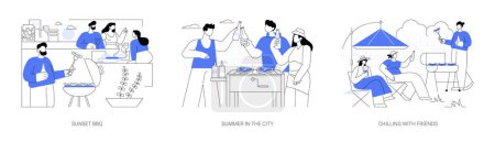 Outdoor BBQ isolated cartoon vector illustrations set. Diverse happy people having BBQ party on the sunset, grill meat together, city barbecue, chilling with friends outdoors vector cartoon.