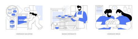 Illustration for Baking at home isolated cartoon vector illustrations set. Homemade macarons, put pastry in oven, baking croissants, tasty dessert, preparing aromatic bread together, cooking hobby vector cartoon. - Royalty Free Image