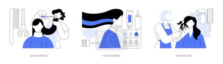Téléchargez les illustrations : Hair salon isolated cartoon vector illustrations set. Doing hair cut, beauty salon services, trendy coloring and dying, professional hairdresser at work, glamour styling, appearance vector cartoon. - en licence libre de droit