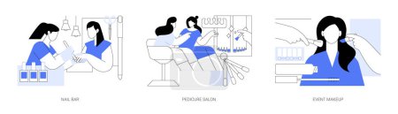 Illustration for Beauty salon isolated cartoon vector illustrations set. Woman making manicure and pedicure, attending nail bar, toenail treatment, beauty procedures, evening makeup, glamour look vector cartoon. - Royalty Free Image