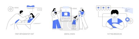 Illustration for Braces for kids abstract concept vector illustration set. First orthodontist visit, dental x-rays, putting braces on, overbite treatment, teeth crowding, oral health abstract metaphor. - Royalty Free Image