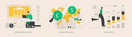 Illustration for Financial system abstract concept vector illustration set. Open banking platform, currency exchange, stock market index, forex broker, digital transformation, global investment abstract metaphor. - Royalty Free Image