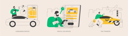 Illustration for Passenger transportation services abstract concept vector illustration set. Carsharing service application, rental car, taxi transfer, business class, hourly payment, driving abstract metaphor. - Royalty Free Image