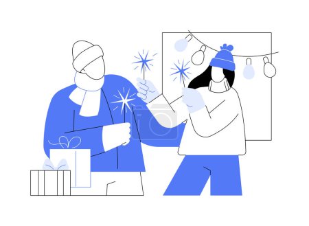 Téléchargez les illustrations : Happy New Year illustrations vectorielles de dessin animé isolés. Jeune couple tenant des étincelles dans les mains et souriant, s'amuser ensemble, célébration du Nouvel An, vacances d'hiver humeur vecteur dessin animé. - en licence libre de droit