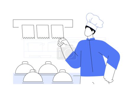 Illustration for Reading meal orders abstract concept vector illustration. Restaurant chef checks food orders, service sector, horeca business, professional people, kitchen staff worker abstract metaphor. - Royalty Free Image