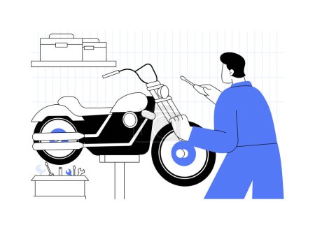 Motorcycle repair service abstract concept vector illustration. Professional repairman fixing a motorcycle in garage, personal transport maintenance, auto repair services abstract metaphor.