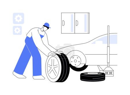 Illustration for Tire fitting abstract concept vector illustration. Auto repair service worker changing car wheel, vehicle tire fitting process, personal transport fixing and maintenance abstract metaphor. - Royalty Free Image