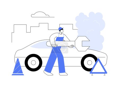 Illustration for Roadside assistance abstract concept vector illustration. Roadside assistant fixing a car, personal transport maintenance specialist, professional auto repair services abstract metaphor. - Royalty Free Image