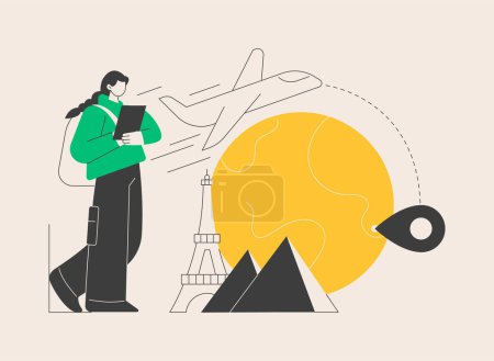 Illustration for Traveling the world abstract concept vector illustration. Worldwide adventure, holiday trip, hitchhiking, travel blog, luggage bag, foreign country, plane departure, destination abstract metaphor. - Royalty Free Image