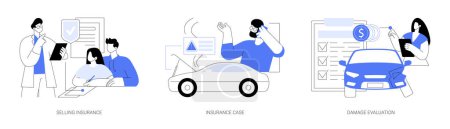 Insurance company isolated cartoon vector illustrations set. Professional agent selling health insurance, claim a compensation for damaged car, specialist makes damage evaluation vector cartoon.
