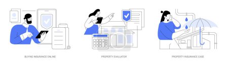 Illustration for Insurance services isolated cartoon vector illustrations set. Buy travel insurance online, professional evaluator does real estate assessment, claiming property insurance coverage vector cartoon. - Royalty Free Image