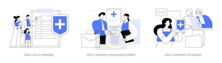 Illustration for Health insurance isolated cartoon vector illustrations set. Family buy medical insurance, business people sign contract, company healthcare, senior people health expenses protection vector cartoon. - Royalty Free Image