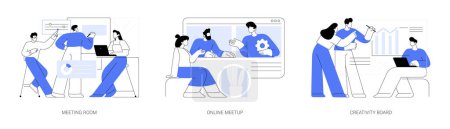 Illustration for Teamwork at the office isolated cartoon vector illustrations set. Colleagues discussing business in a meeting room, online meetup, team video call, creativity board, modern workplace vector cartoon. - Royalty Free Image