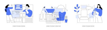 Illustration for Home staging isolated cartoon vector illustrations set. Create real estate interior design project, home stager puts furniture in apartment, placing last decor details in apartment vector cartoon. - Royalty Free Image