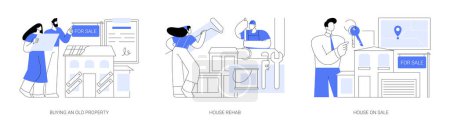 Illustration for House flipping isolated cartoon vector illustrations set. Young couple buy an old house flippers repairing a building, real estate rehabbing process, put property on sale, get profit vector cartoon. - Royalty Free Image