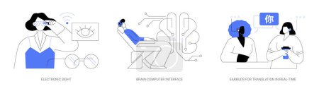 Illustration for Human abilities augmentation isolated cartoon vector illustrations set. Smart glasses for poor eyesight people, brain computer interface system, earbuds for real-time translation vector cartoon. - Royalty Free Image