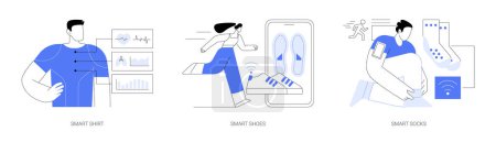 Téléchargez les illustrations : Smart clothing isolated cartoon vector illustrations set. Confident man wearing smart shirt, shoes to analyze running data, socks tracking steps and speed, digital lifestyle vector cartoon. - en licence libre de droit