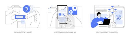 Illustration for Cryptocurrencies applications isolated cartoon vector illustrations set. Person holding electronic key in hands, cryptocurrency exchange mobile app, transaction process on the screen vector cartoon. - Royalty Free Image