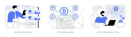 Illustration for Cryptocurrency market isolated cartoon vector illustrations set. Analyze exchange app, cryptocurrency token, crypto coins investment, hedge fund, digital money, financial literacy vector cartoon. - Royalty Free Image