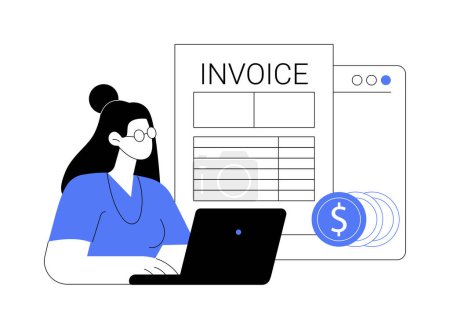 Ilustración de Fill out an invoice isolated cartoon vector illustrations. Freelance worker filling an invoice using computer, remote work, distance job payroll, digital nomad, payment document vector cartoon. - Imagen libre de derechos