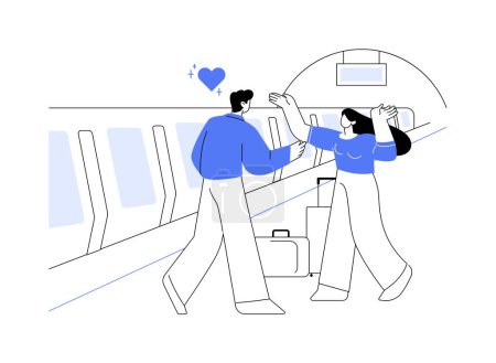 Illustration for Meeting on a platform abstract concept vector illustration. Happy young couple on the platform, meeting a friend at the station, urban transportation services, public transport abstract metaphor. - Royalty Free Image