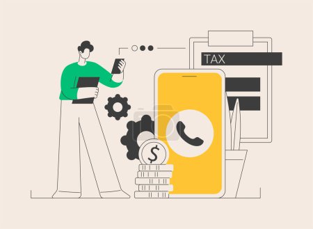 Illustration for Phone tax filing abstract concept vector illustration. File your return, automated cell phone service, fixed income, income statement, gather paperwork, financial audit abstract metaphor. - Royalty Free Image