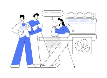 Illustration for Coffee break isolated cartoon vector illustrations. Smiling diverse colleagues drink latte near coffee machine in smart office, communication process, modern workplace, beverage vector cartoon. - Royalty Free Image